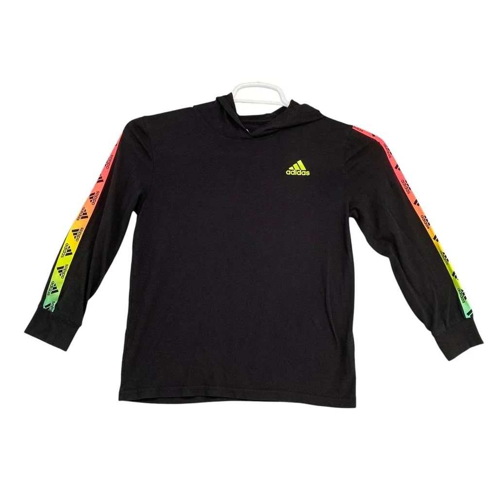 Adidas Hoodie Long Sleeve Rainbow Logo Black Top Activewear‎ Kids Size S